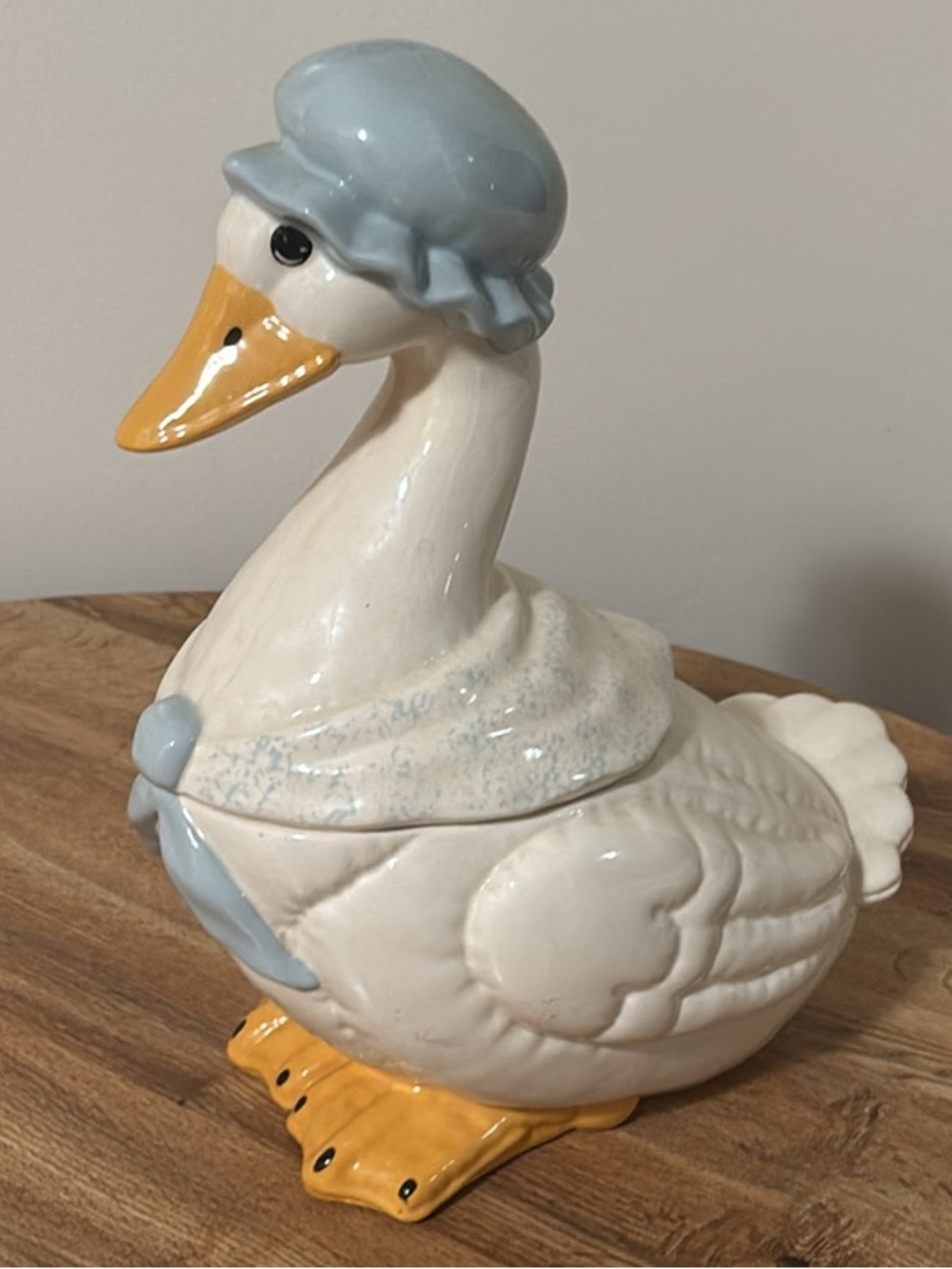 Ceramic White Duck Cookie Jar with Blue Hat and Yellow Beak